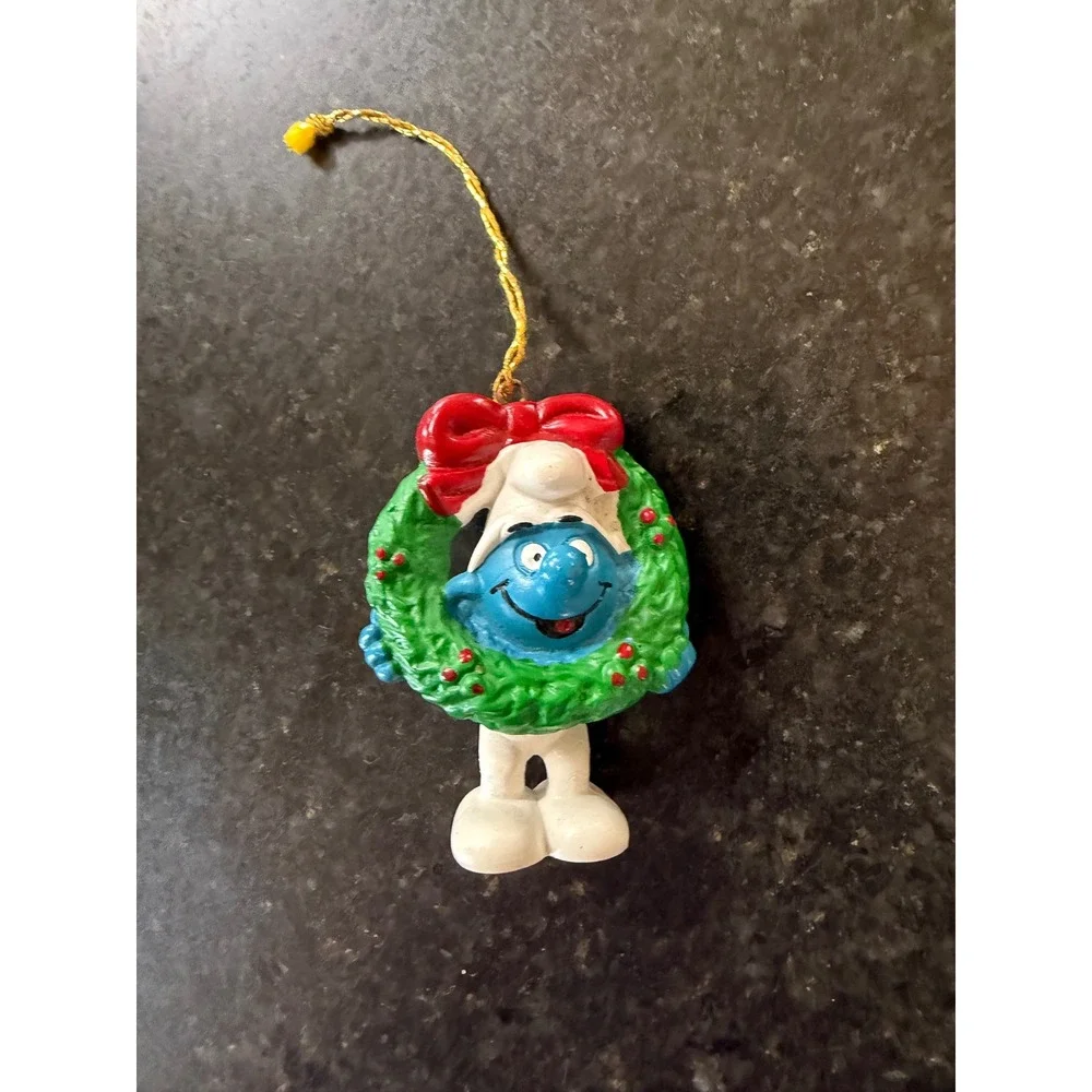 Lot 2 vintage Christmas ornament Smurf wreath gold cord Schleich Peyo